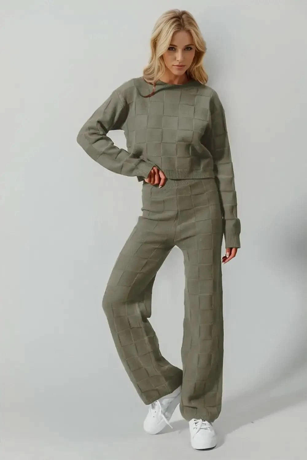 Double Take Full Size Checkered Round Neck Top and Pants Set in Matcha Green - photo