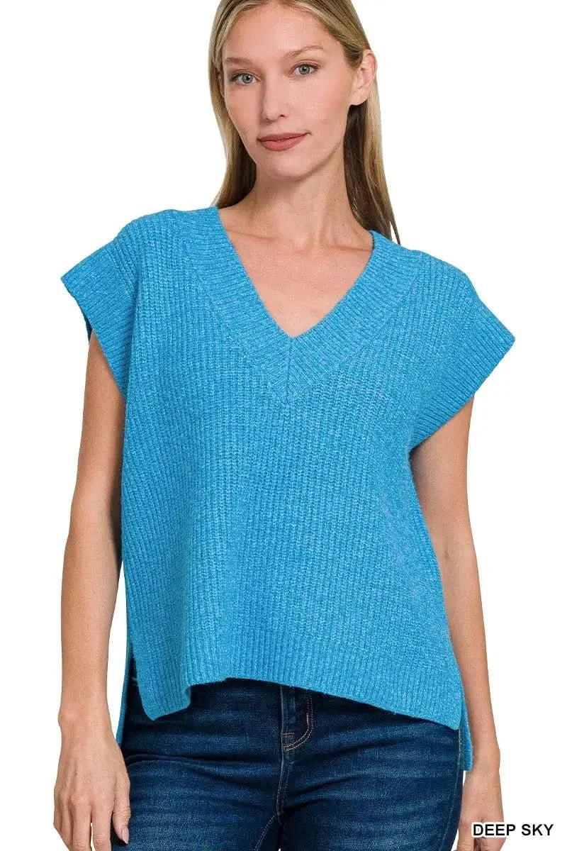 Zenana Oversized Sweater Vest with Side Slit in DEEP SKY - photo