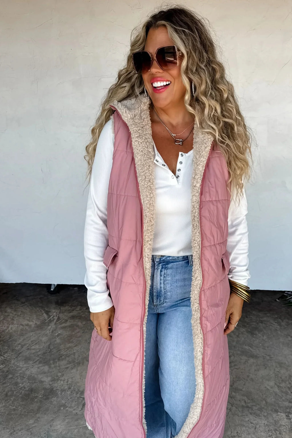 PREORDER: Reversible Sherpa Puffer Vest in - Womens photo