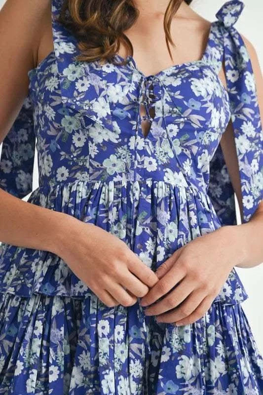 MABLE Floral Print Shoulder Tie Layered Mini Dress in - photo