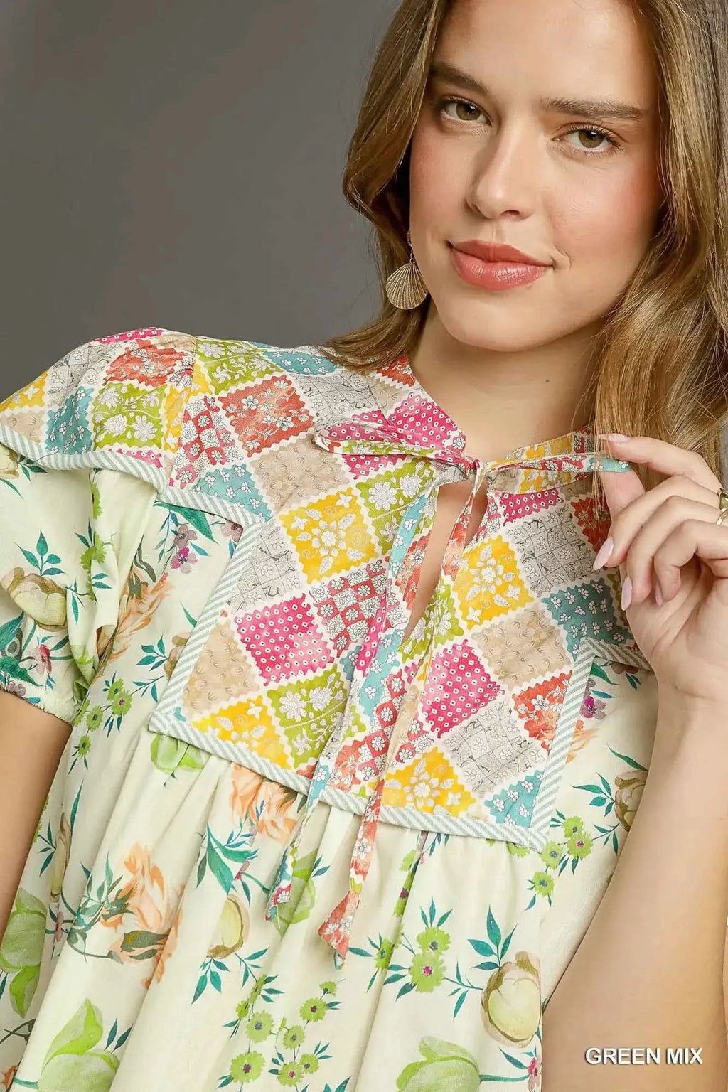 Umgee Floral Print Tie Neck Puff Sleeve Dress in - photo