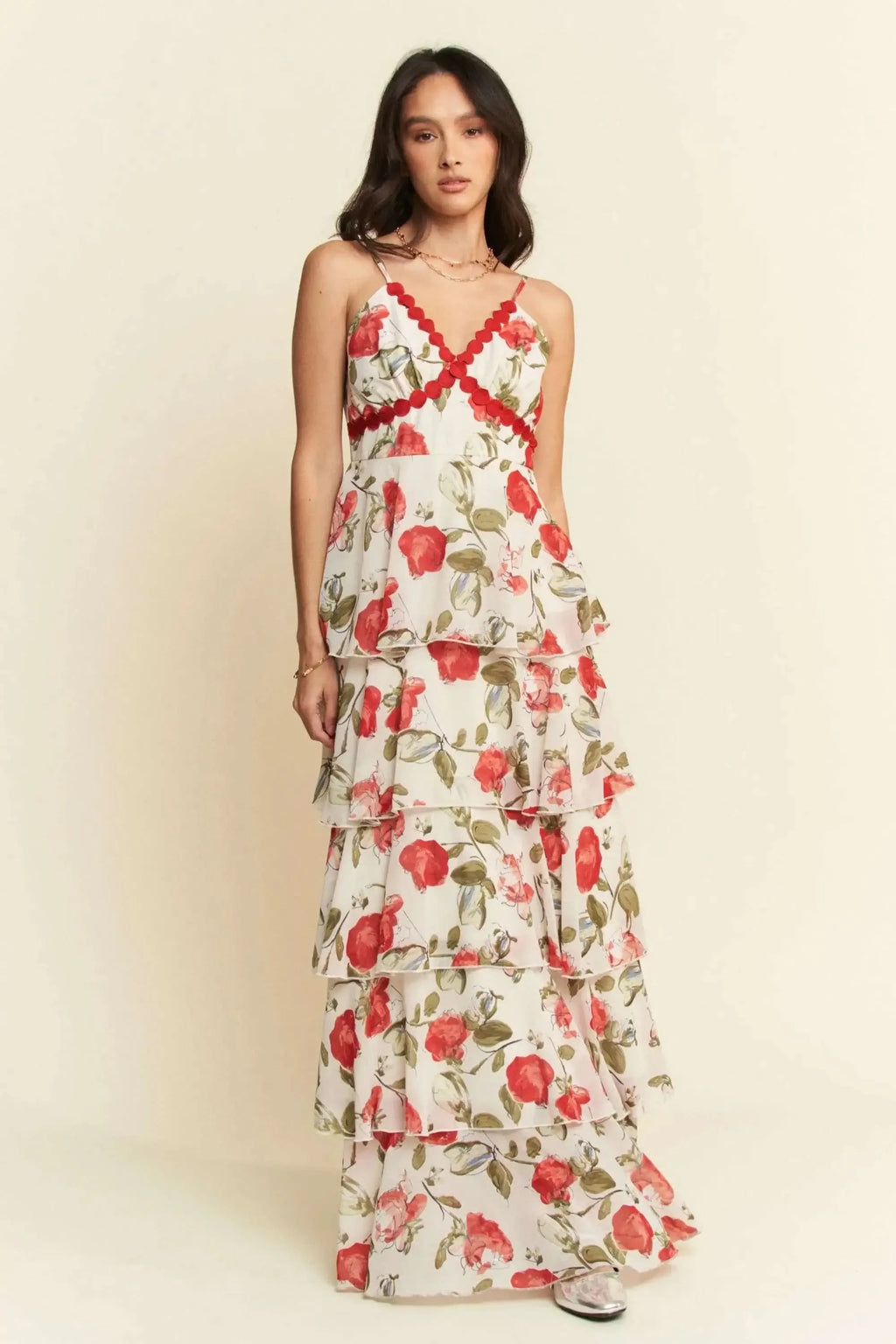 Davi & Dani Contrast Ring Lace Layered Ruffle Maxi Cami Dress in IVORY RED - photo