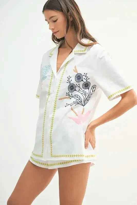 MABLE Embroidered Button Down Shirt and Shorts Set in - photo