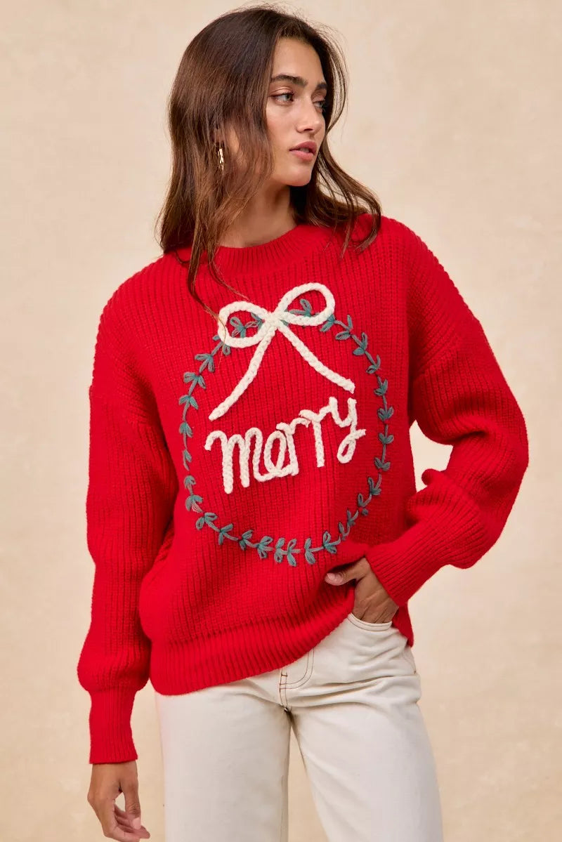 BiBi Christmas Wreath Merry Letter Knit Top in - photo