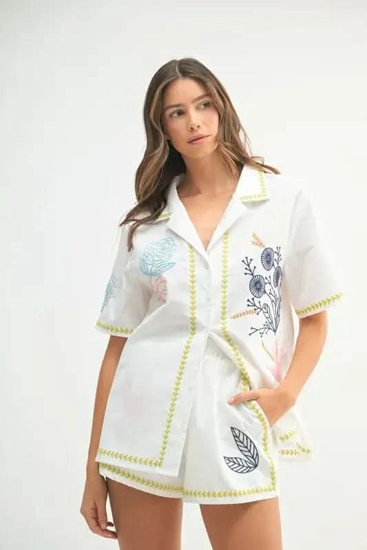 MABLE Embroidered Button Down Shirt and Shorts Set in - photo