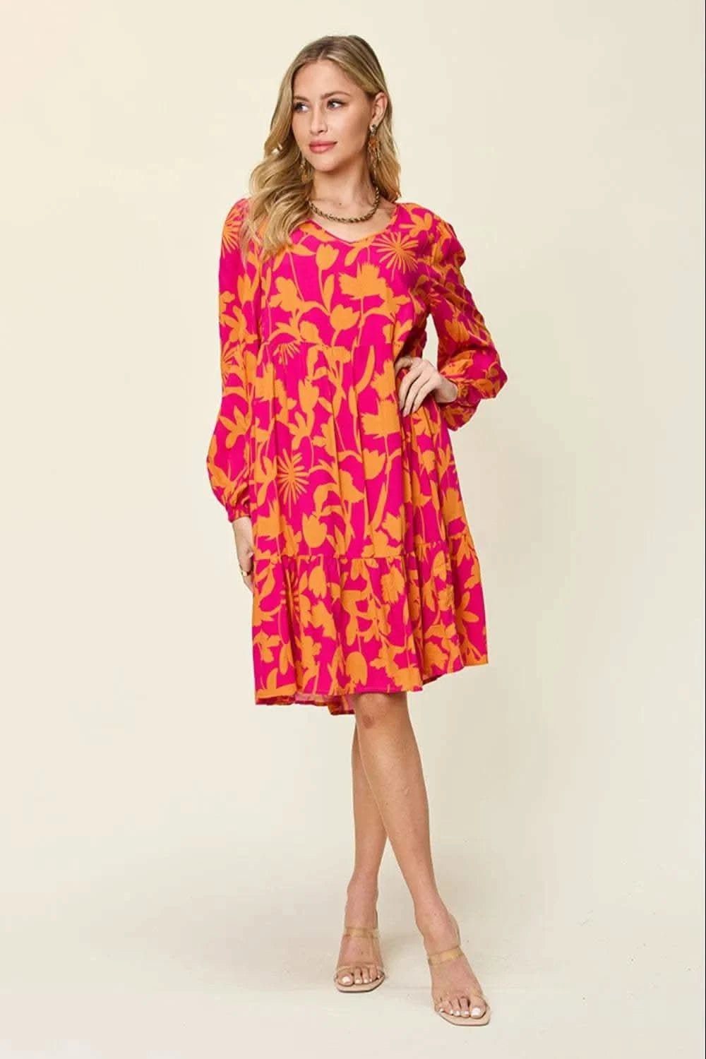 Double Take Full Size Printed Ruffle Hem Dress with Pocket in - photo