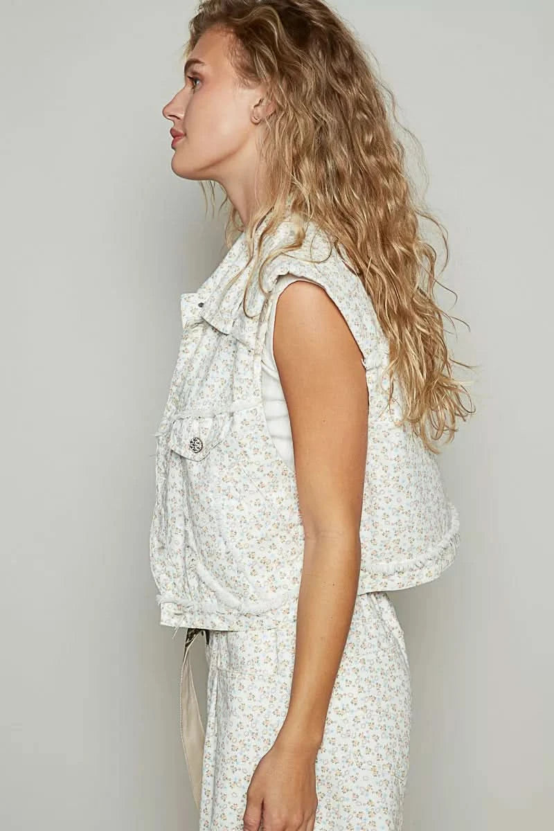 POL Assymetrical Front Closure Raw Hem Floral Denim Vest in - photo