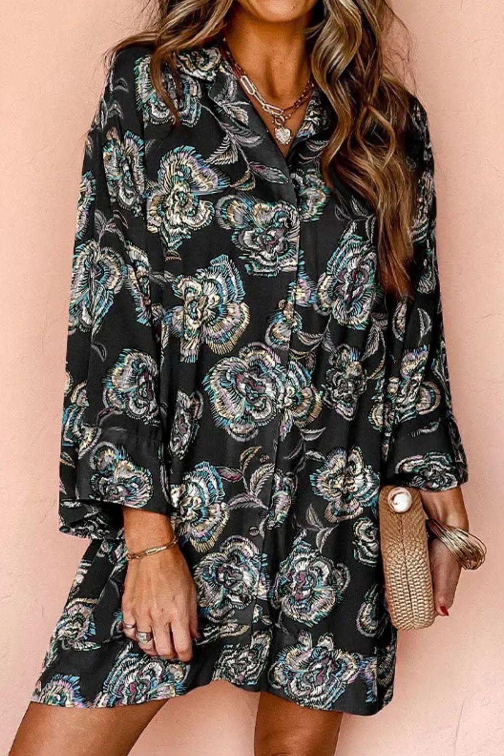 Printed Button Up Three-Quarter Sleeve Shirt Dress in Black - photo