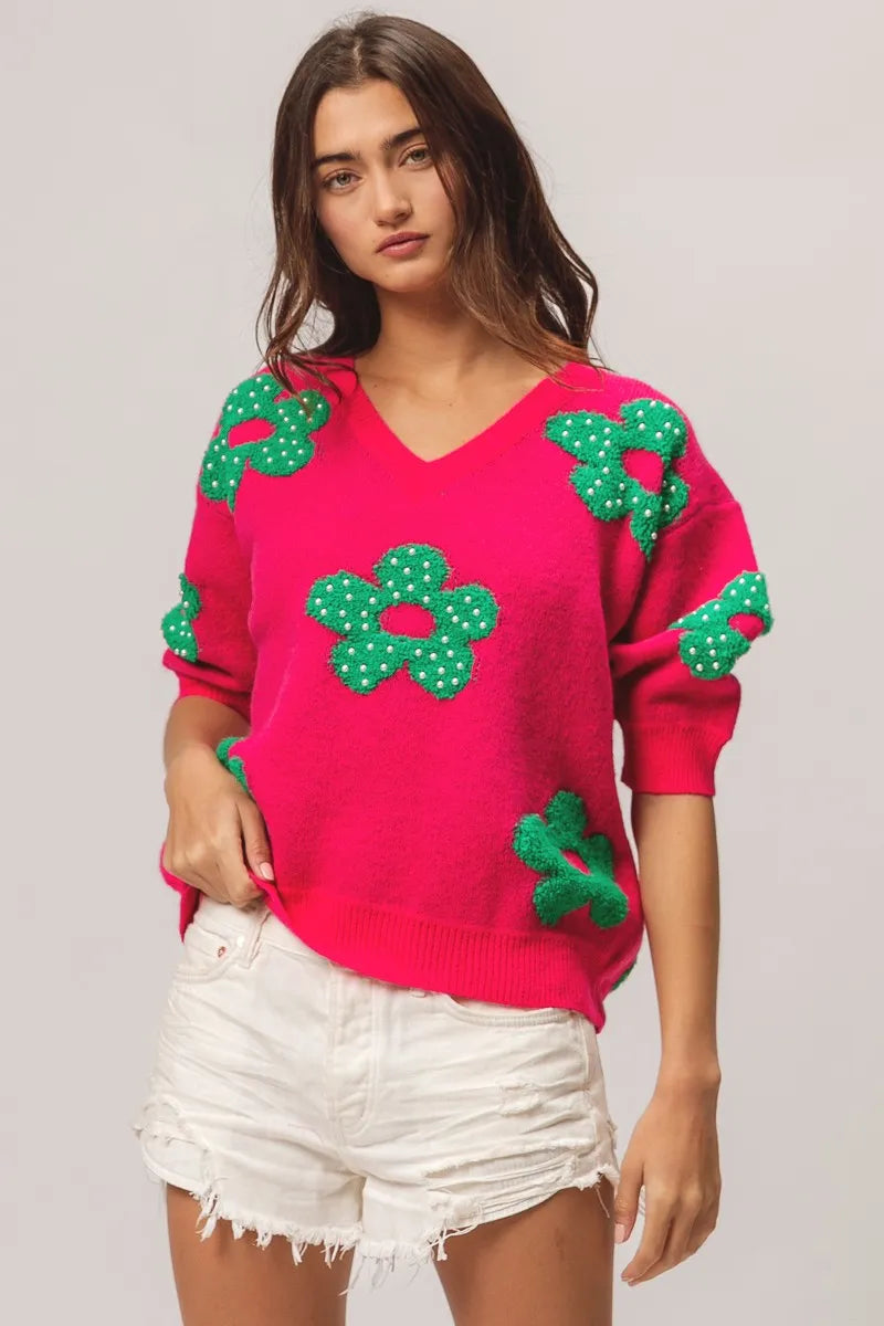 BiBi Pearl Beads Flowers Sweater Top in - photo