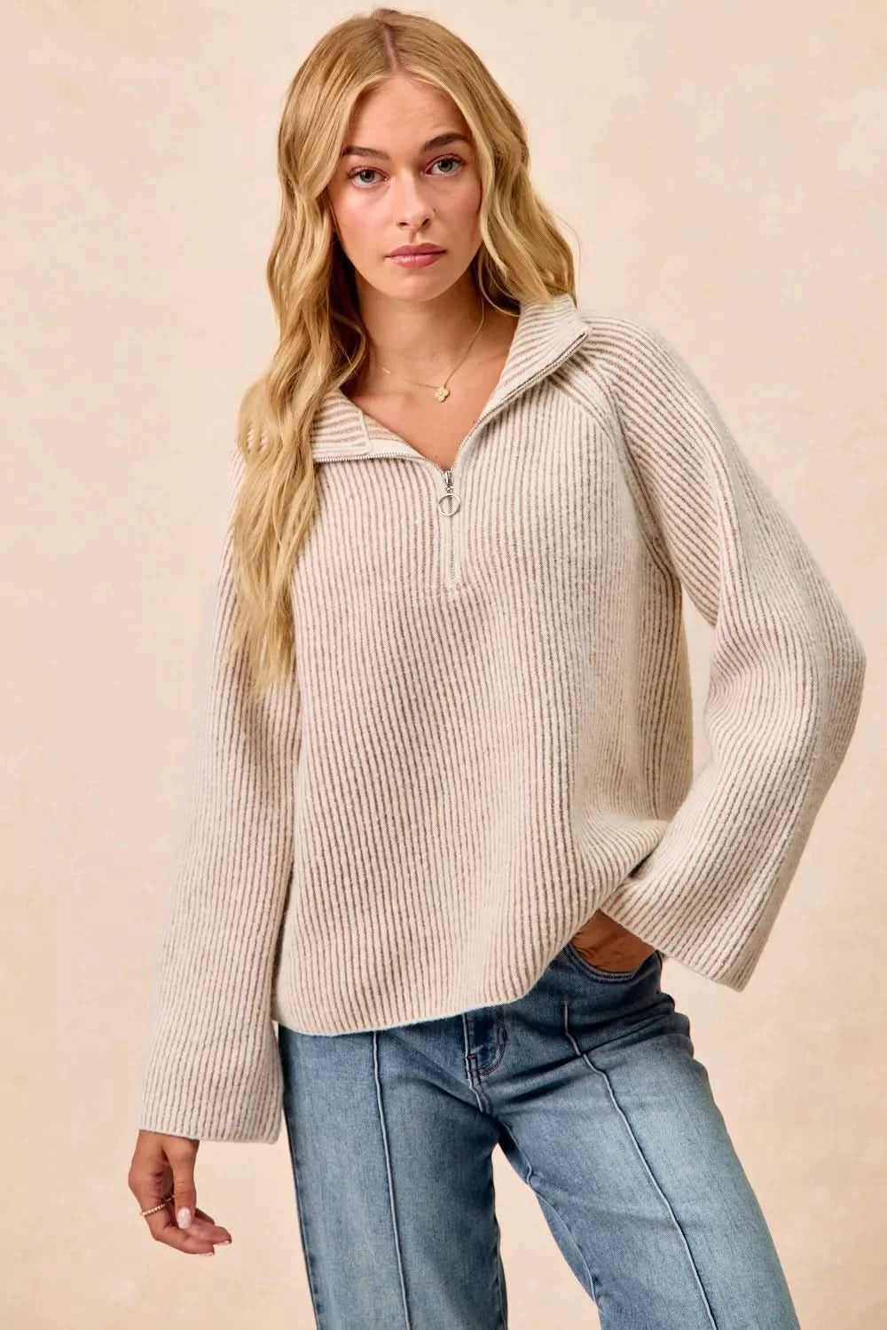 BiBi Two Tone Rib Texured Knit Collared Top with Zip Up in - photo