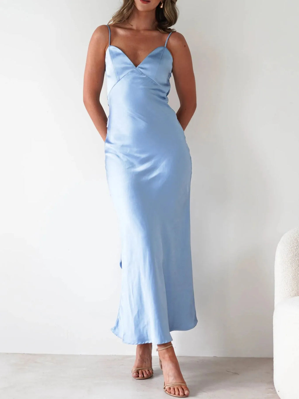 Satin Backless Cami Dress in Light Blue - photo