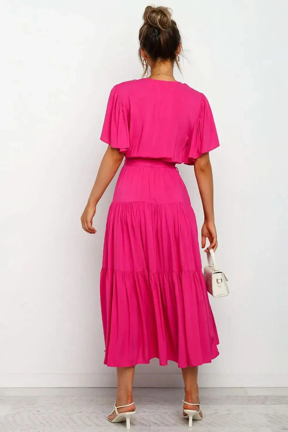 Tied Tiered Short Sleeve Midi Dress in - photo