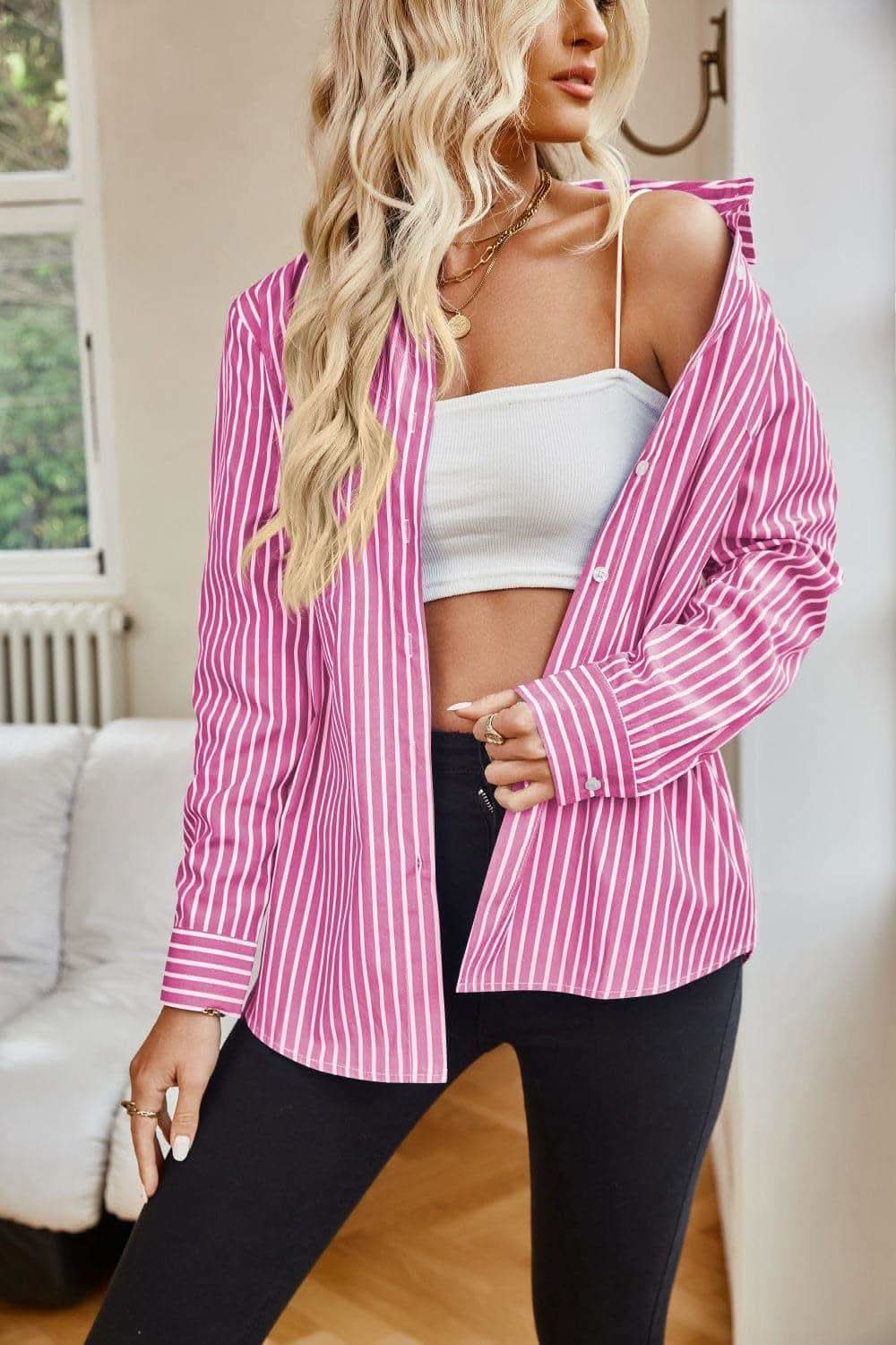 Striped Button Up Long Sleeve Shirt - SwagglyLife Home & Fashion