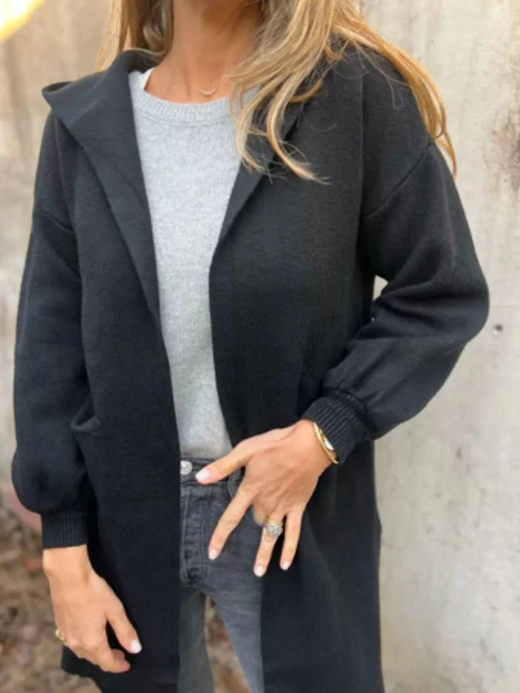 Full Size Open Front Drop Shoulder Hooded Cardigan Plus Size in - photo