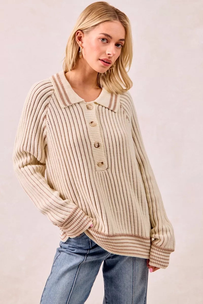 BiBi Half Button Ribbed Two Tone Sweater - SwagglyLife Home & Fashion