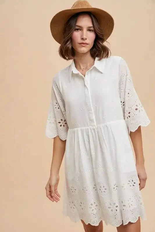 Annie Wear Embroidered Scallop Edge Detail Mini Shirt Dress - SwagglyLife Home & Fashion Annie Wear Embroidered Scallop Edge Detail Mini Shirt Dress - SwagglyLife Home & Fashion