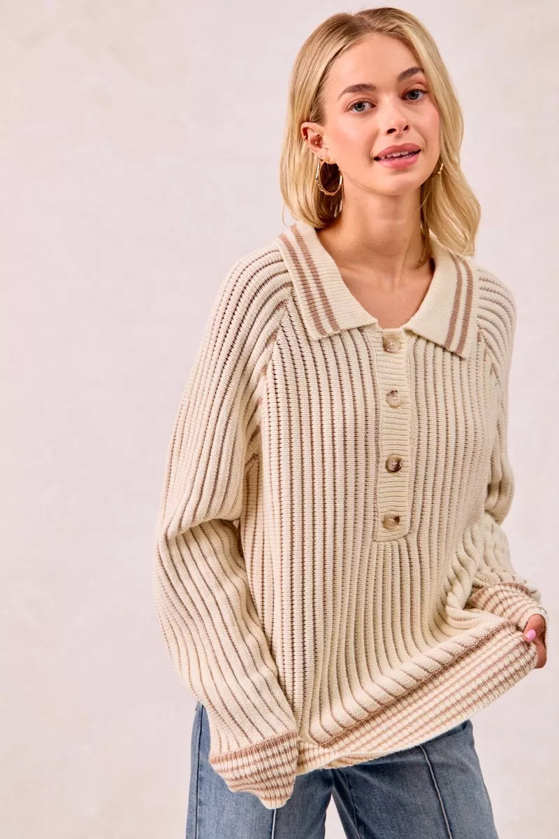 BiBi Half Button Ribbed Two Tone Sweater - SwagglyLife Home & Fashion