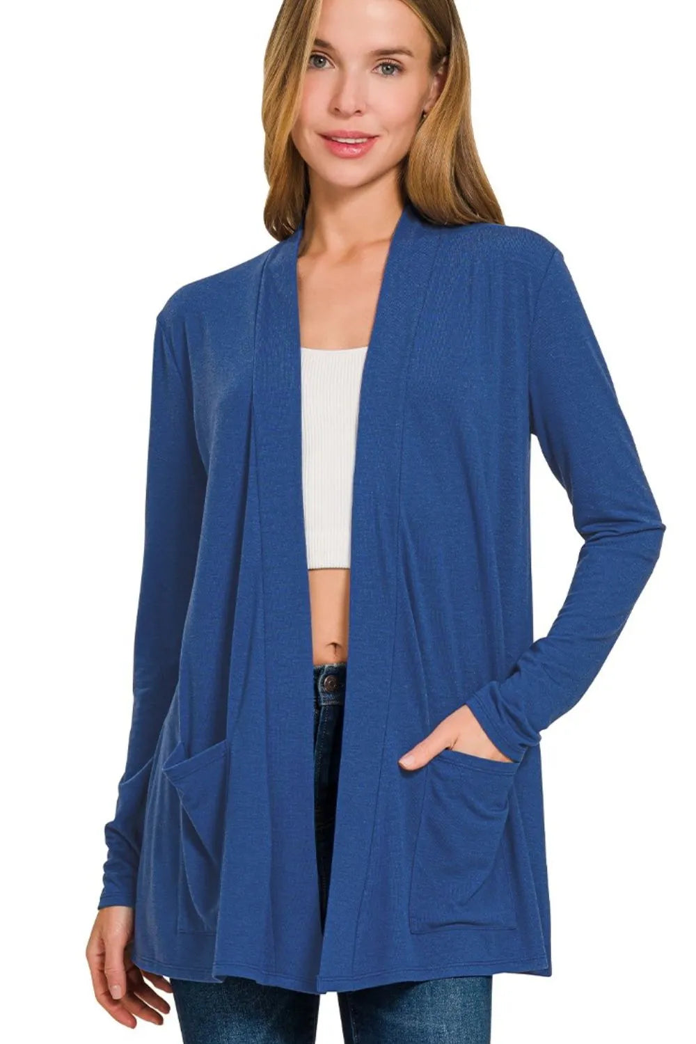 Zenana Slouchy Lightweight Open Front Pocket Cardigan in LT NAVY - photo