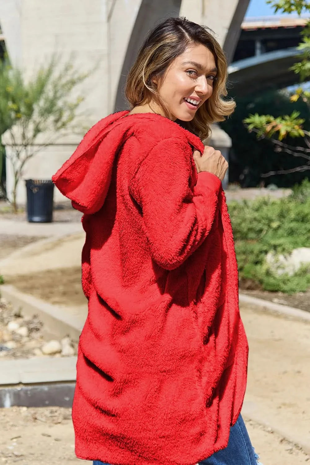 Double Take Full Size Hooded Teddy Bear Jacket with Thumbholes in - photo