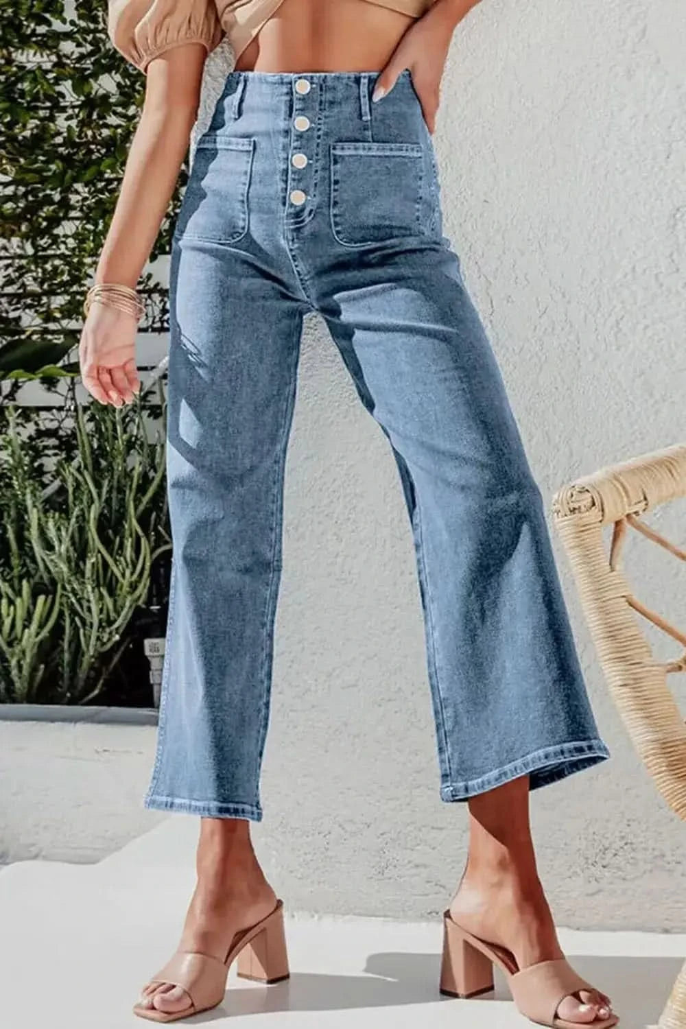 Button Fly Cropped Wide Leg Jeans in - photo