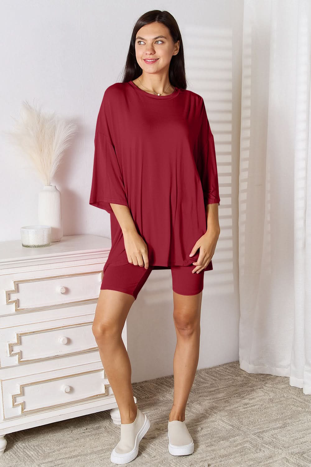 Basic Bae Full Size Soft Rayon Three-Quarter Sleeve Top and Shorts Set in Deep Red XL - Sets photo