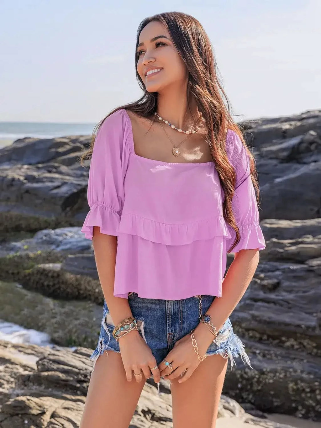 Ruffled Square Neck Half Sleeve Blouse in - photo