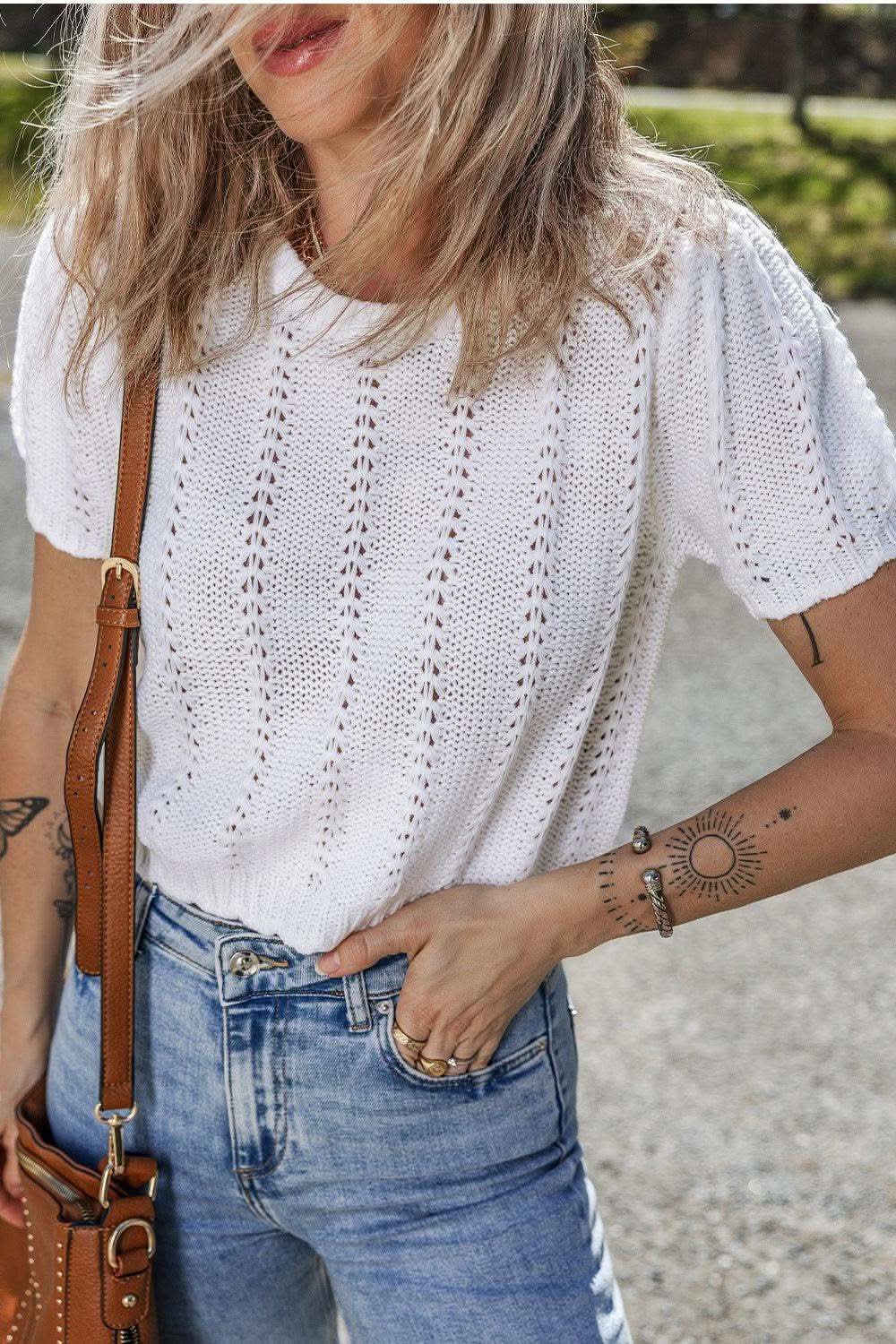 Openwork Round Neck Short Sleeve Knit Top in - photo