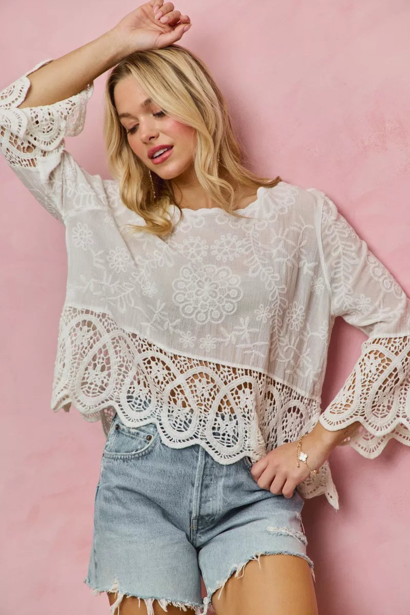 SO ME Floral Embroidered Crochet Lace Trimmed Top in - photo