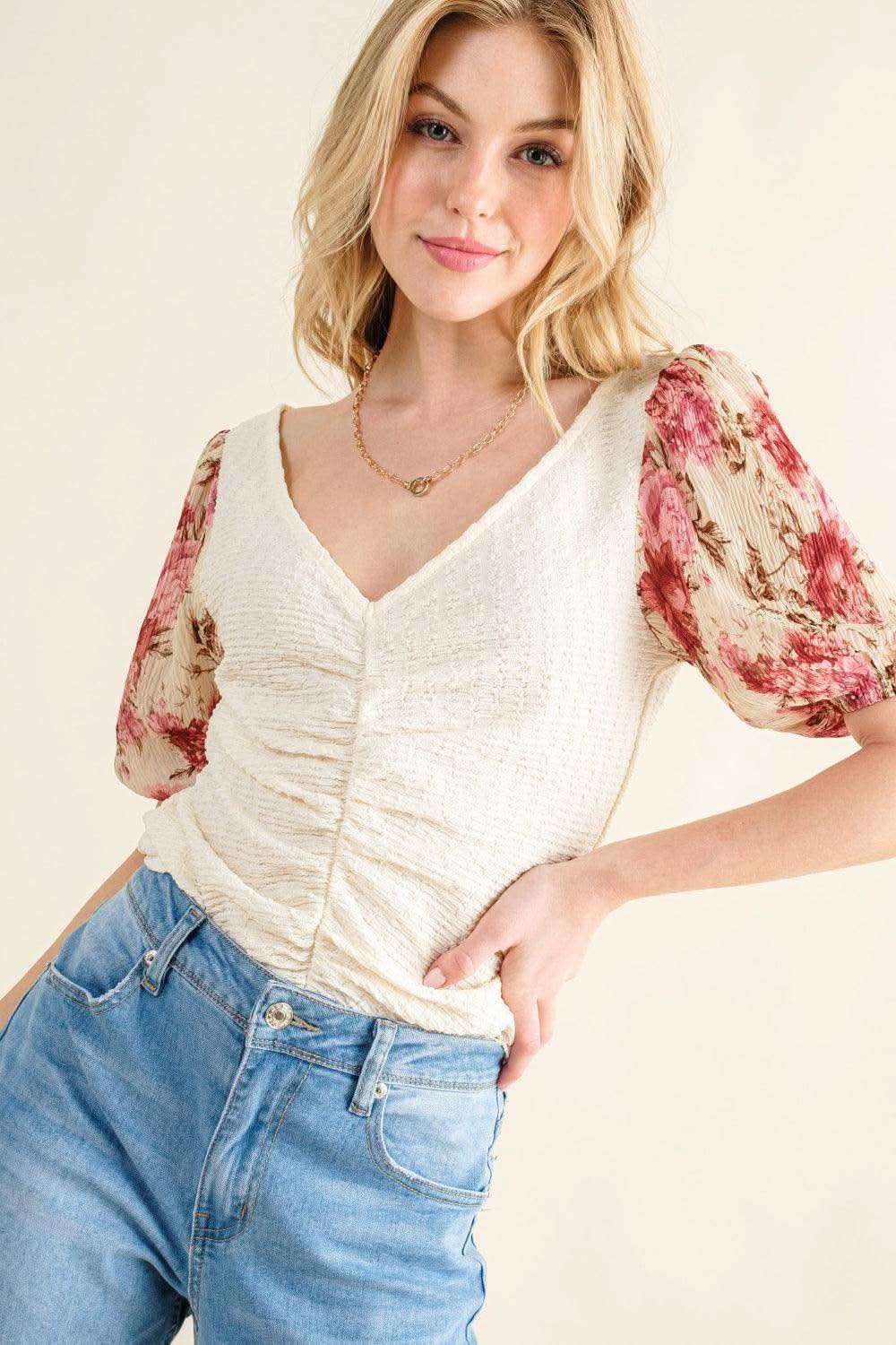 And The Why Full Size Floral Print Textured Sleeve Knit Top in - photo