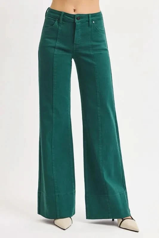 RISEN Full Size Tummy Control Mid Rise Wide Leg Jeans Plus Size in HUNTER GREEN - photo