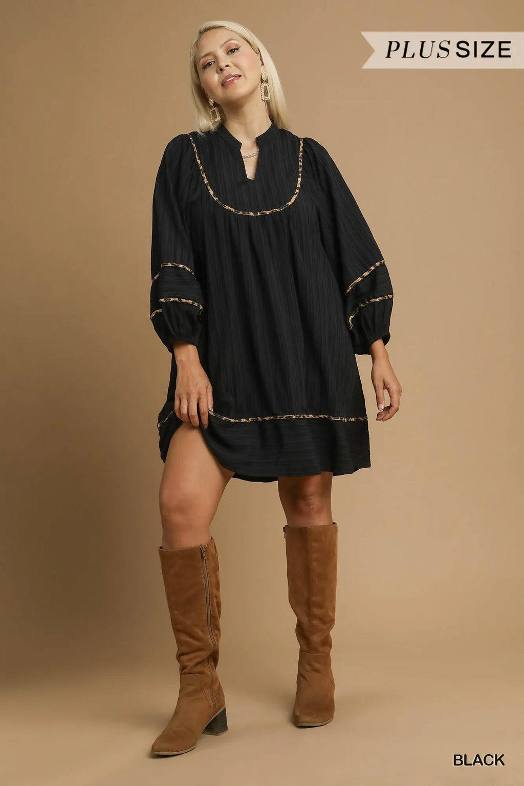 Umgee Full Size Textured Babydoll Dress with Leopard Trim Plus Size in - photo