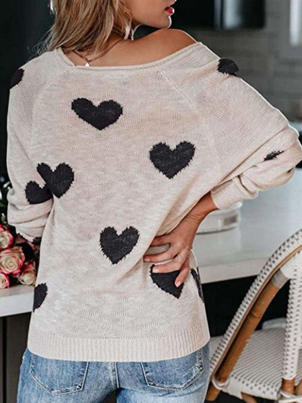 Heart Scoop Neck Long Sleeve Sweater in White - photo