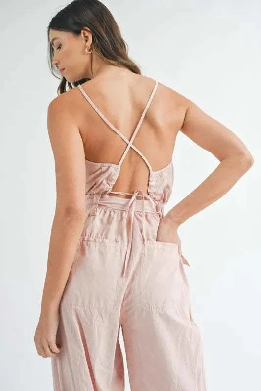MABLE Washed Fabric Spaghetti Strap Waist Belted Jumpsuit - SwagglyLife Home & Fashion MABLE Washed Fabric Spaghetti Strap Waist Belted Jumpsuit - SwagglyLife Home & Fashion
