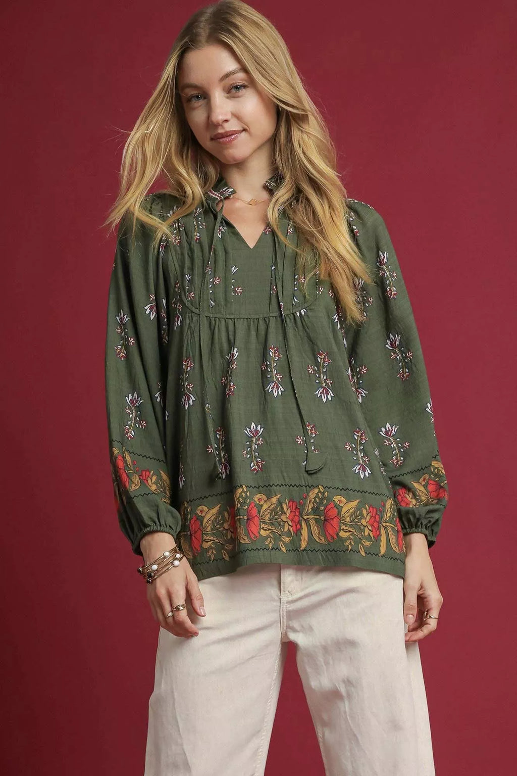 Umgee Floral Boho Peasant Blouse in FOREST GREEN - photo