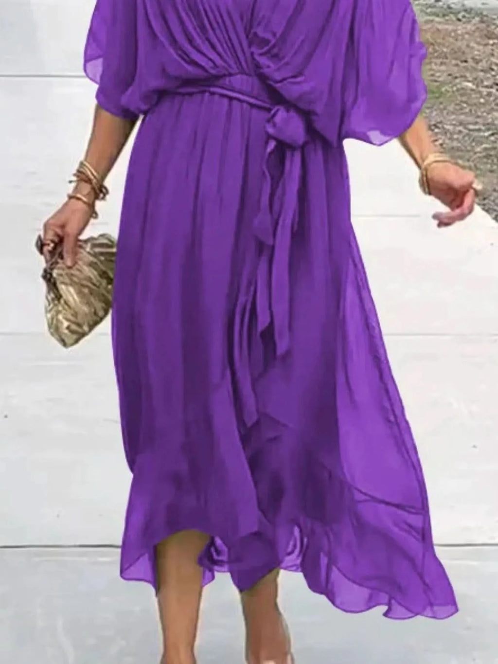 Flowy Tie Front Midi Dress with Flutter Sleeves in - photo
