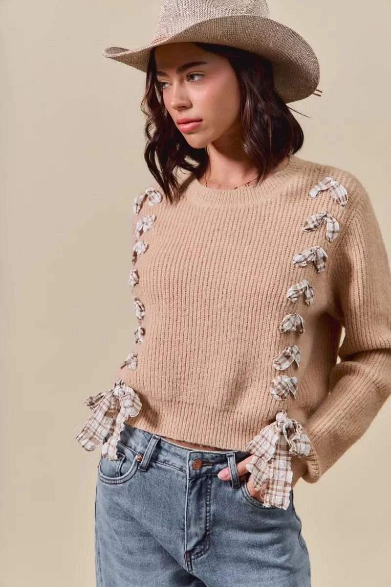 SO ME Checkered Plaid Tape Lace Up Ribbed Sweater in - photo