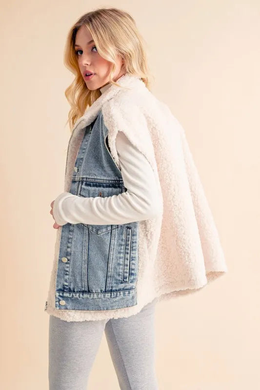Aemi + Co Fake Two Pieces Denim Patch Sherpa Vest Coat in - photo