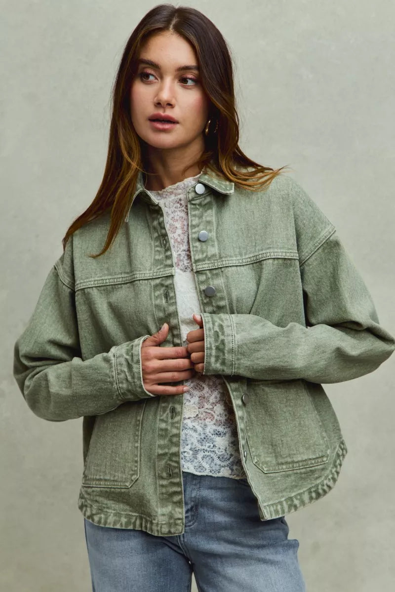 SO ME Vintage Washed Button Twill Shacket in - photo