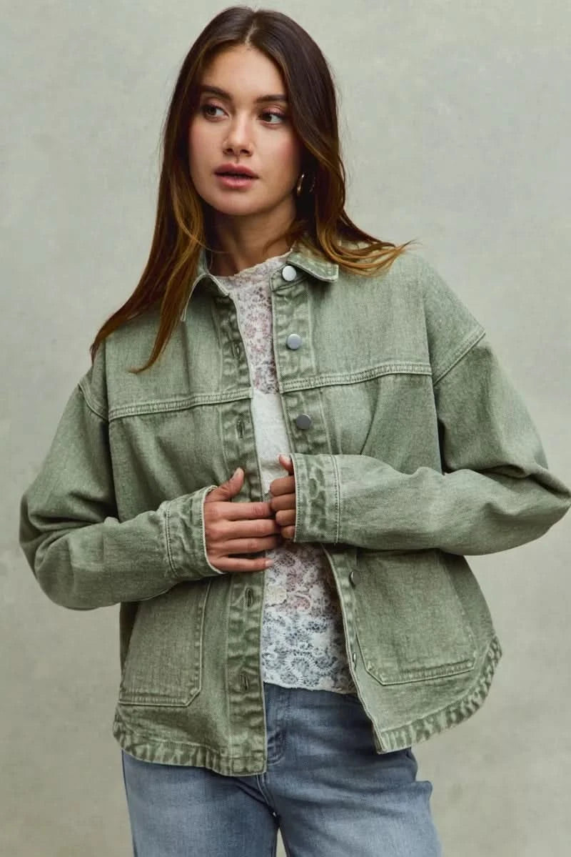 SO ME Vintage Washed Button Twill Shacket in - photo