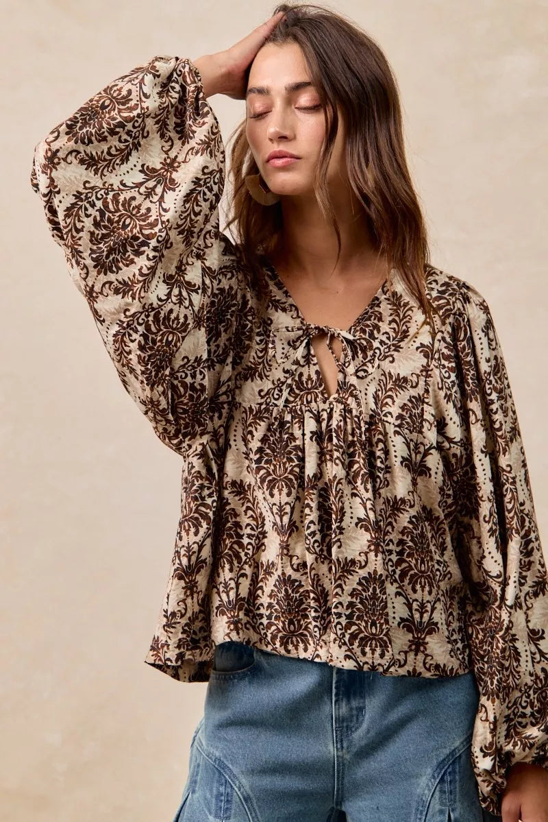 BiBi Printed Woven Front Tied Blouse with Baloon Sleeve in - photo