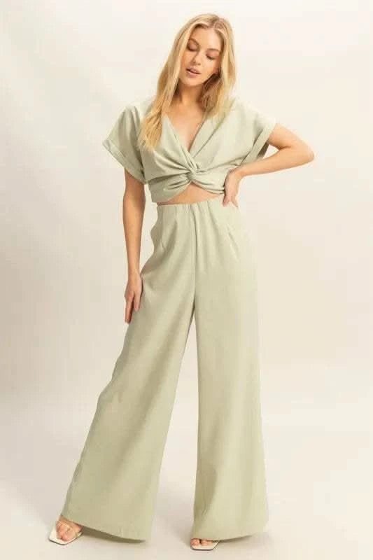 HYFVE Twisted Front Short Sleeve Top and Wide Leg Pants Set in Sage - photo