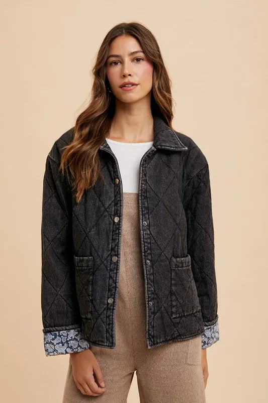 Annie Wear Quilted Printed Lining Snap Down Denim Jacket in - photo