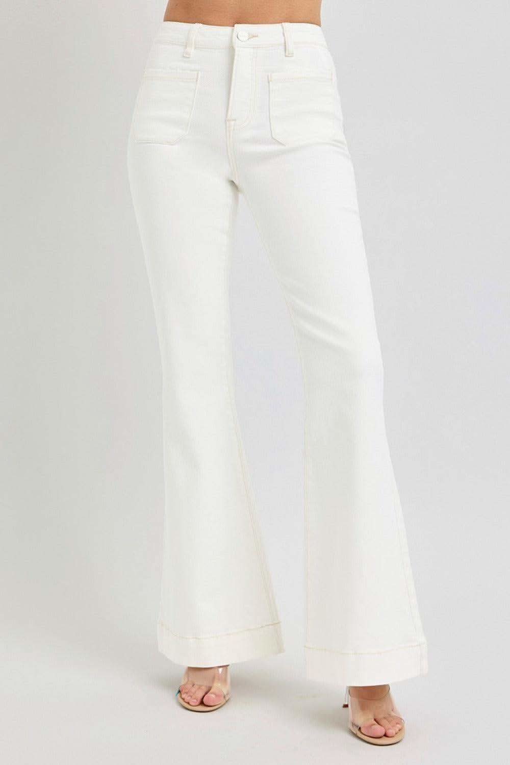 RISEN Full Size High Rise Front Patch Pocket Flare Jeans in Cream - photo