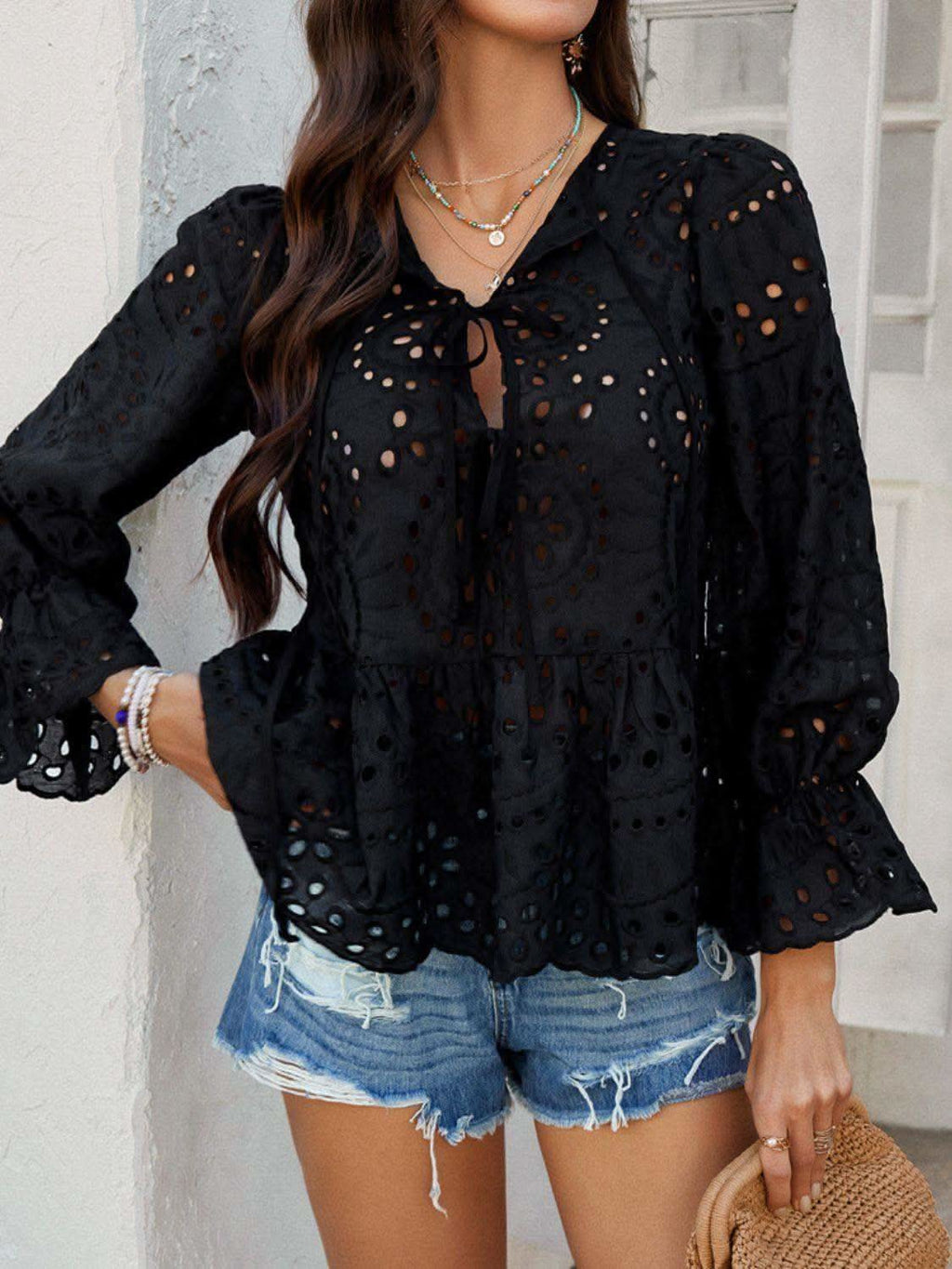 Devine Tie Front Flounce Sleeve Peplum Blouse in - Blouses photo