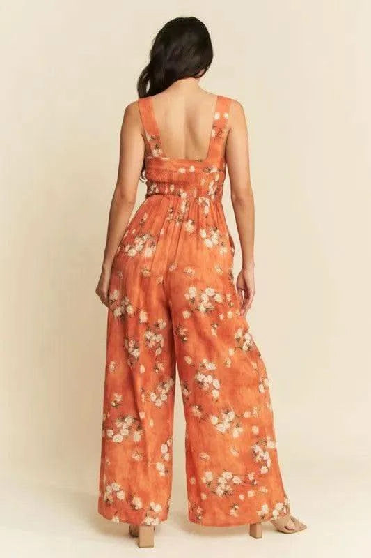 Davi & Dani Floral Ruffle Square Neck Smocking Bodice Jumpsuit - SwagglyLife Home & Fashion