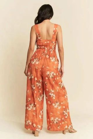 Davi & Dani Floral Ruffle Square Neck Smocking Bodice Jumpsuit - SwagglyLife Home & Fashion Davi & Dani Floral Ruffle Square Neck Smocking Bodice Jumpsuit - SwagglyLife Home & Fashion