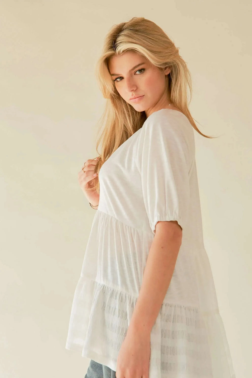 Davi & Dani Ruffled Flared Short Sleeve V Neck Blouse in - photo