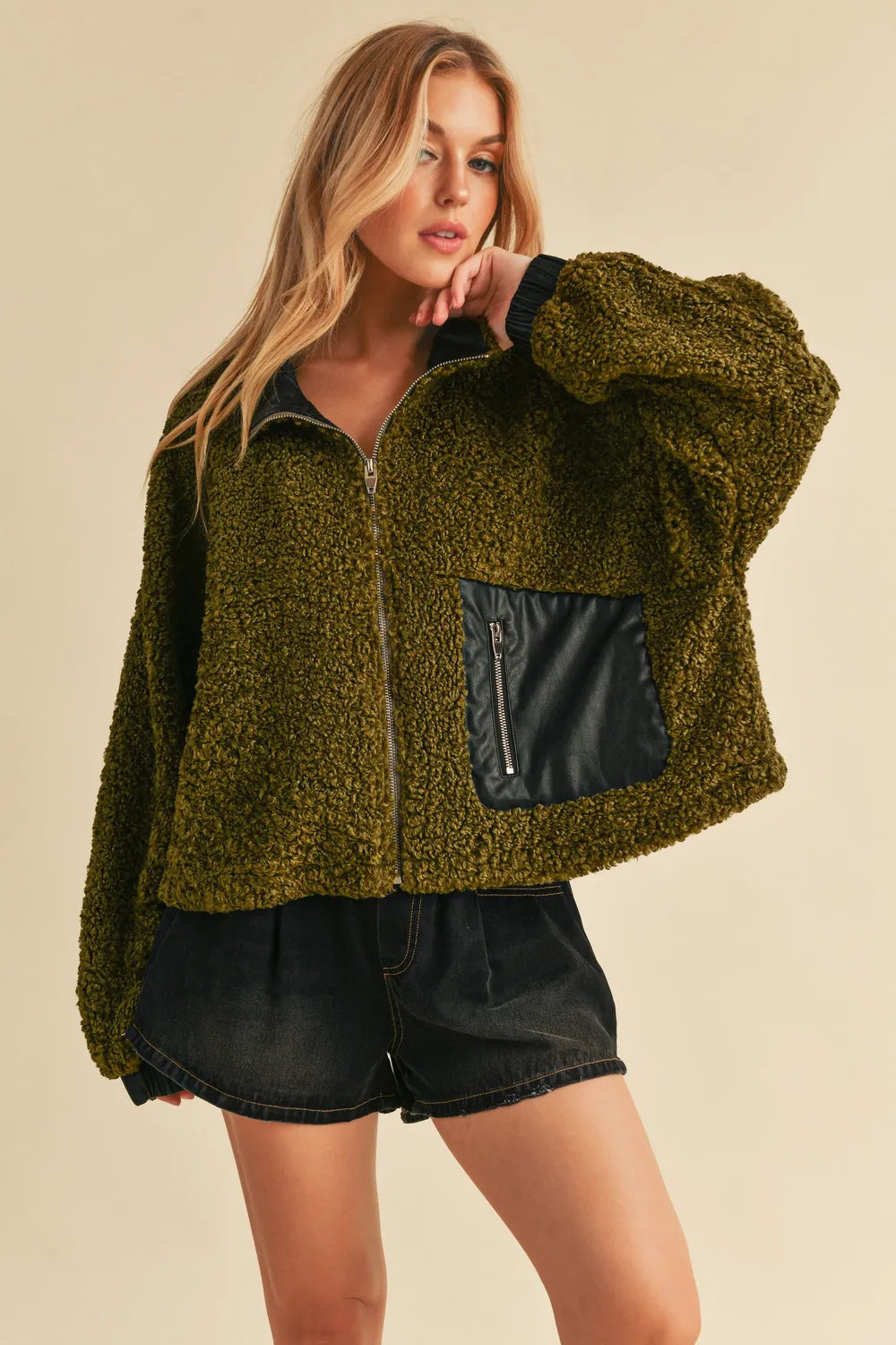 Aemi + Co Collared Neck Zip Up Sherpa Jacket in Olive - photo