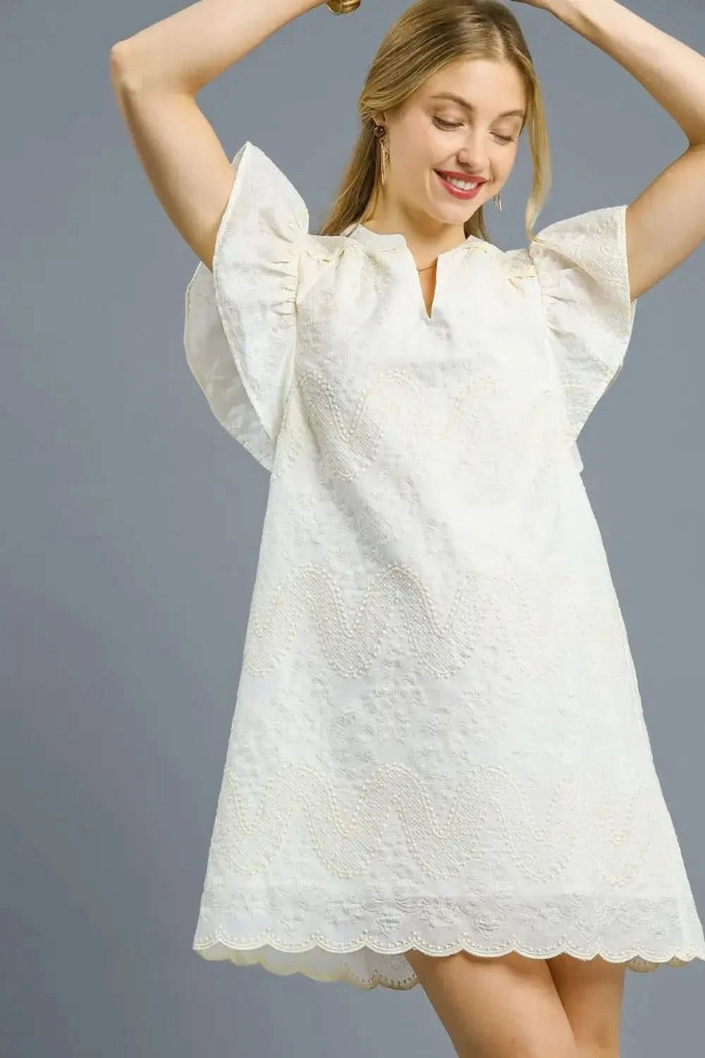 Umgee Scalloped Hem Embroidered Mini Dress in White - photo