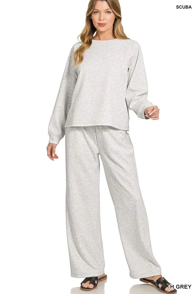 Zenana Scuba Crewneck Sweatshirt and Pants Set in H GREY - photo